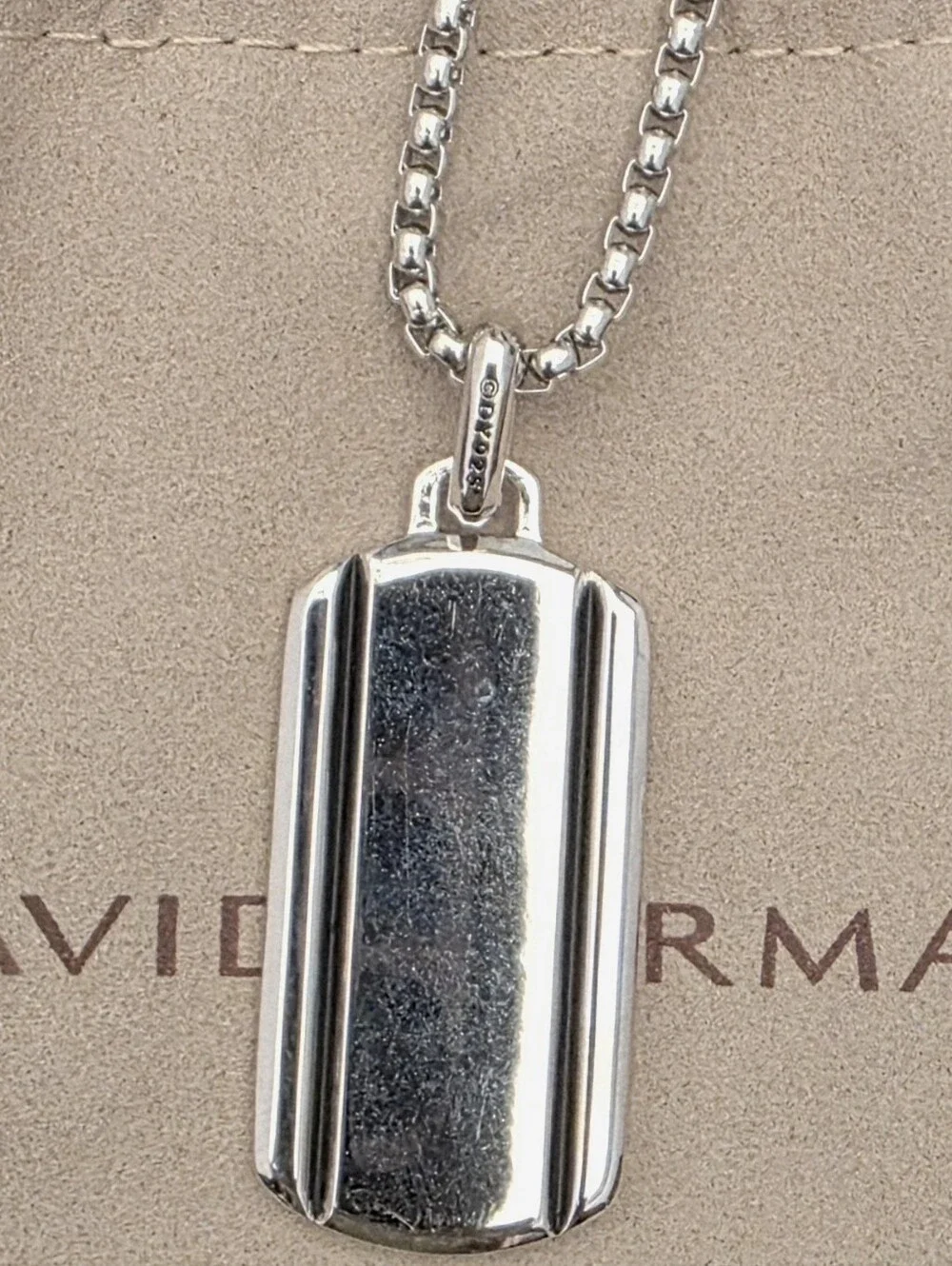 David Yurman Silver Ribbed Dog Tag Pendant Necklace with Gold Accent
